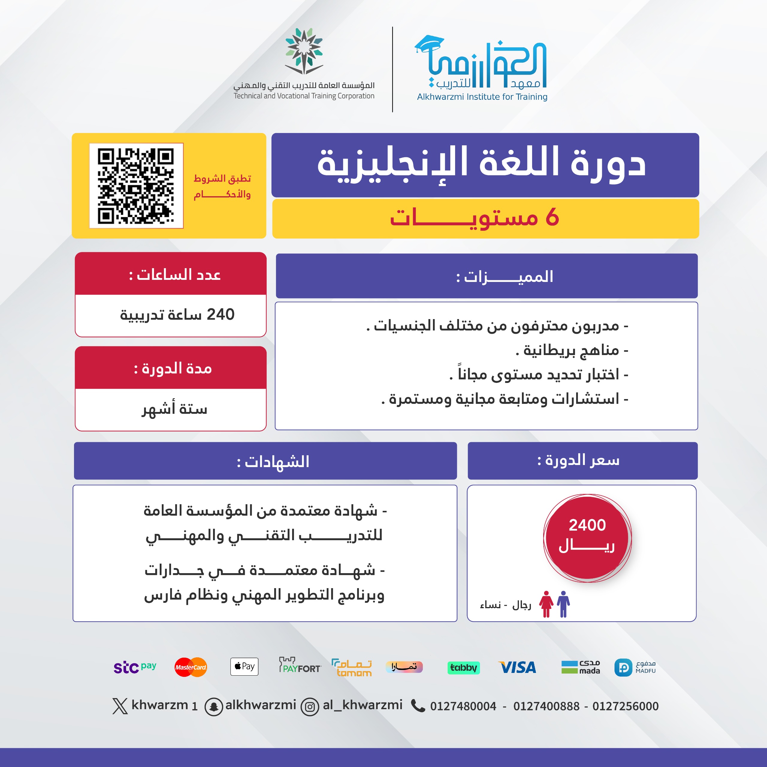 6 مستويات في اللغة الإنجليزية بمعدل 240 ساعة تدريبية (حضوريا بالمعهد)