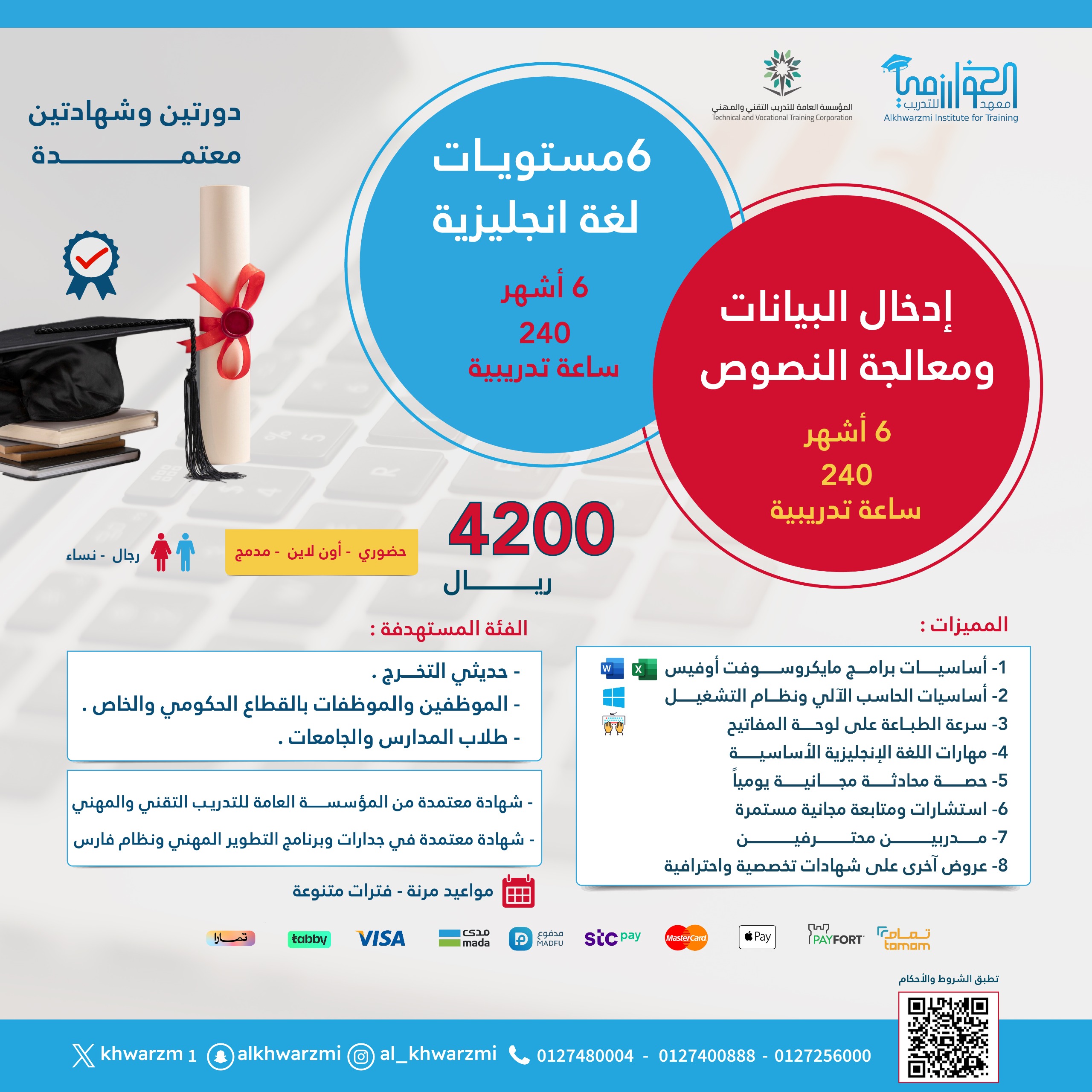 ٦ أشهر حاسب (ادخال بيانات ومعالجة نصوص ) + ٦ أشهر لغة انجليزية (ستة مستويات )