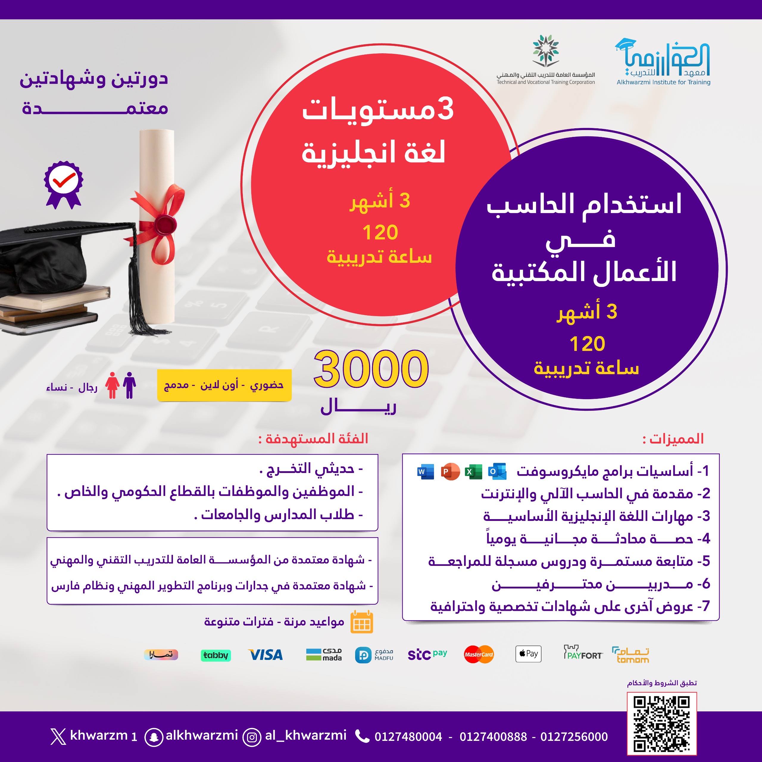 ٣ أشهر حاسب آلي (استخدام الحاسب في الاعمال المكتبية) + ٣ أشهر لغة انجليزية (ثلاث مستويات)